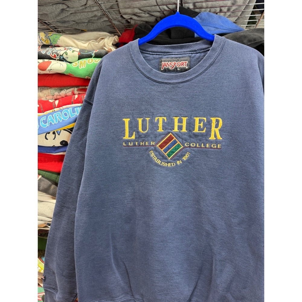 Vintage JanSport Luther College Sweatshirt Mens Large Navy Blue Embroidered Crew